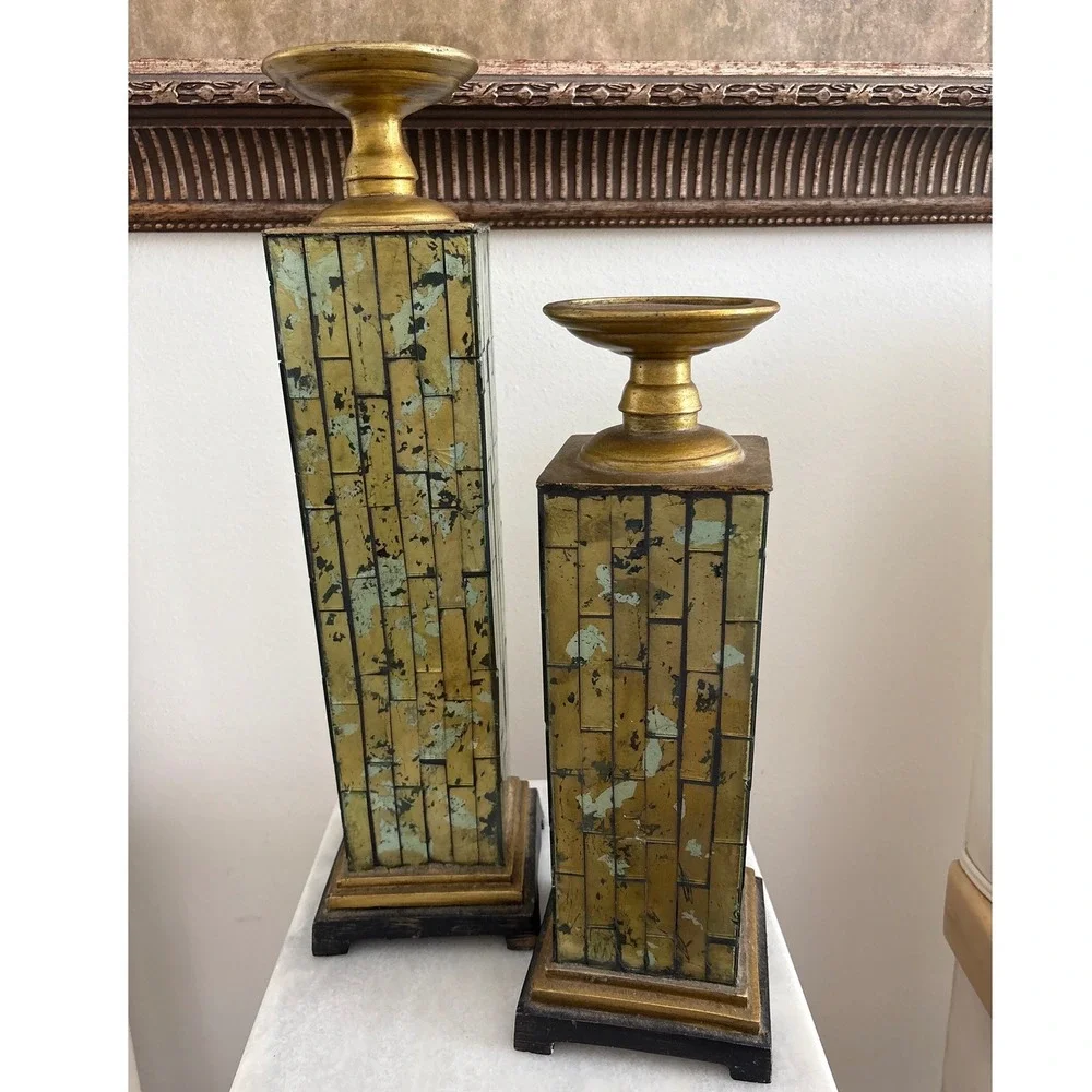 Vintage Pierre One Set of 2 Gold Verdigris Mirrored Mosaic Pillar Candle Holder